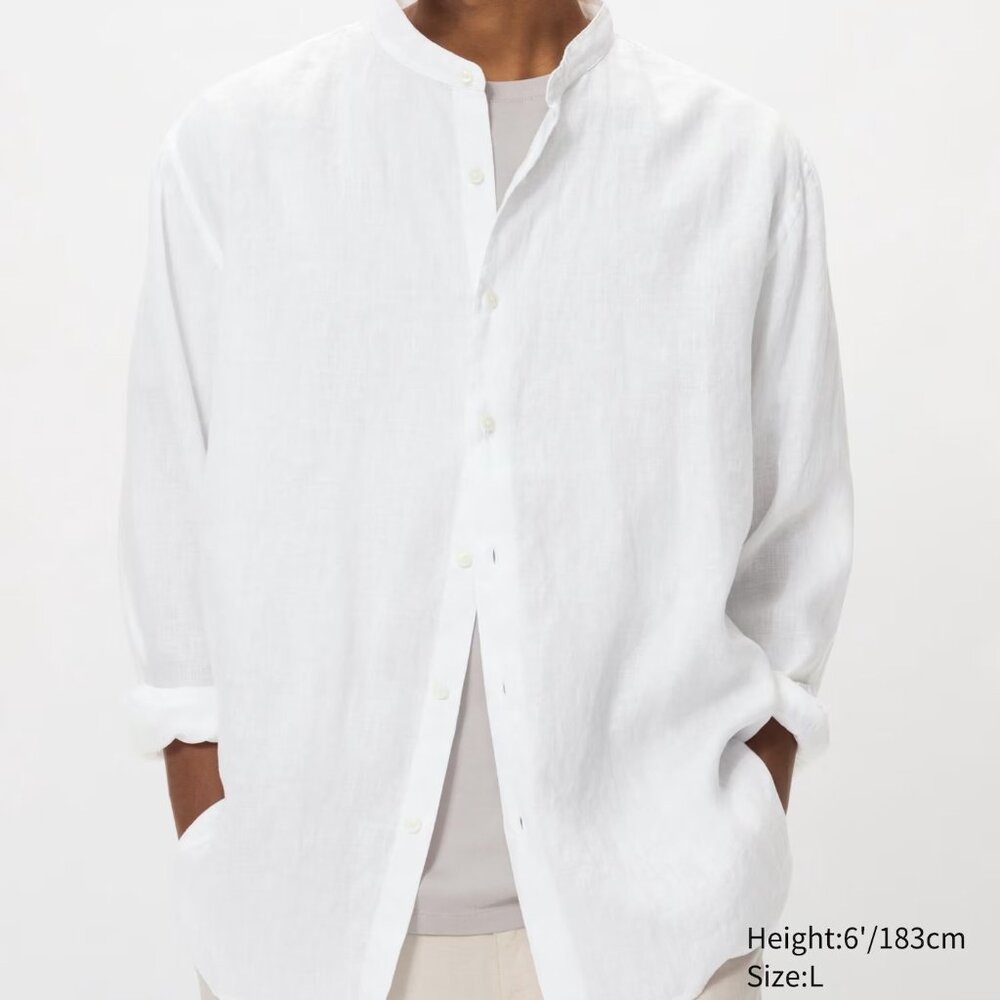 Uniqlo White Premium Linen Shirt Stand Collar